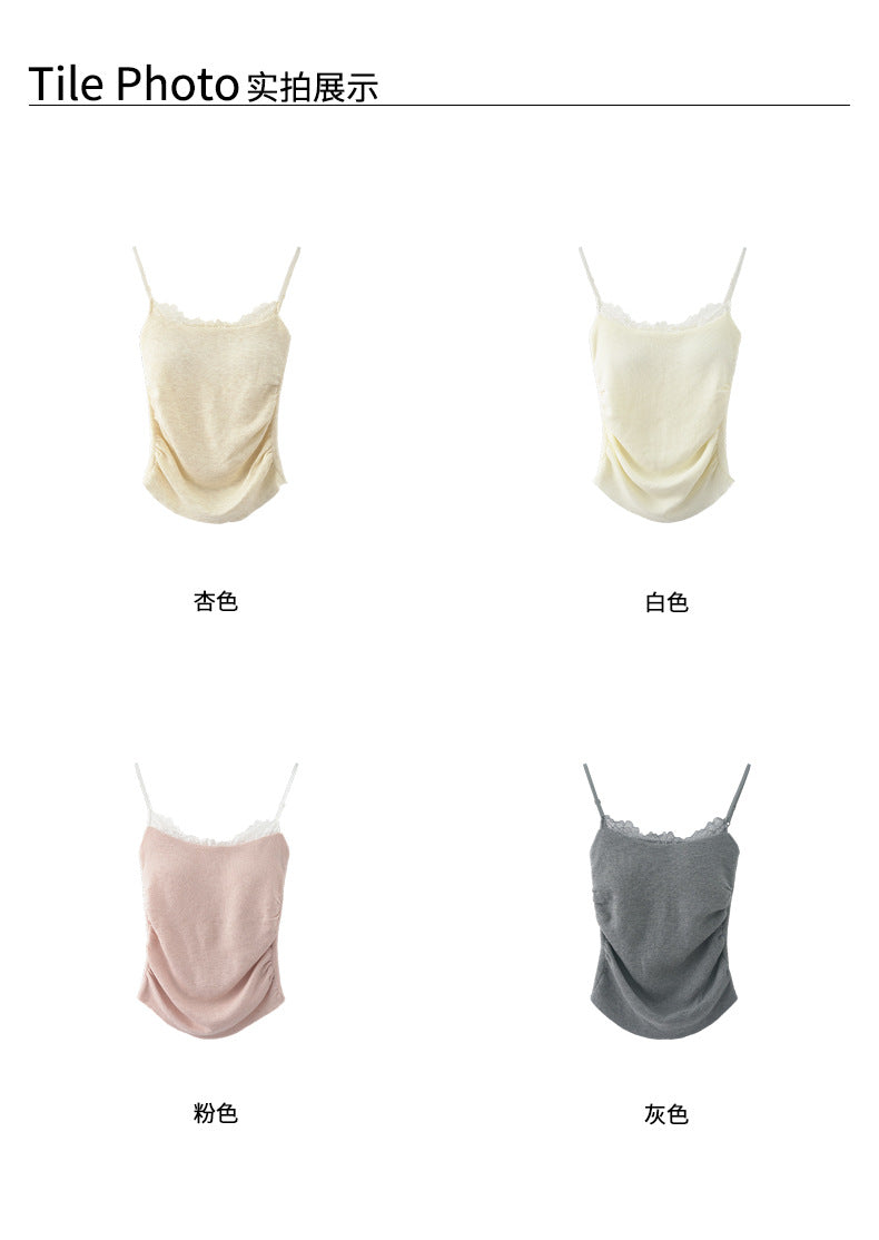 【H530047】實拍早春針織蕾絲側腰皺摺背心(含胸墊）-sale