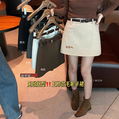 【L6891】實拍檸檬秋冬簡約復古高腰毛呢裙＋腰帶251208