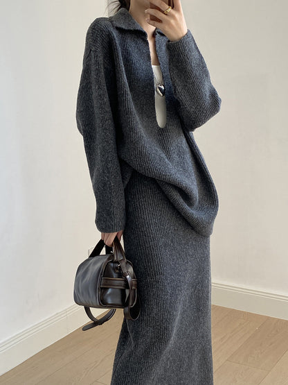 【YP680】 實拍深V慵懶毛衣＋針織長裙(含羊6%) 套裝251023