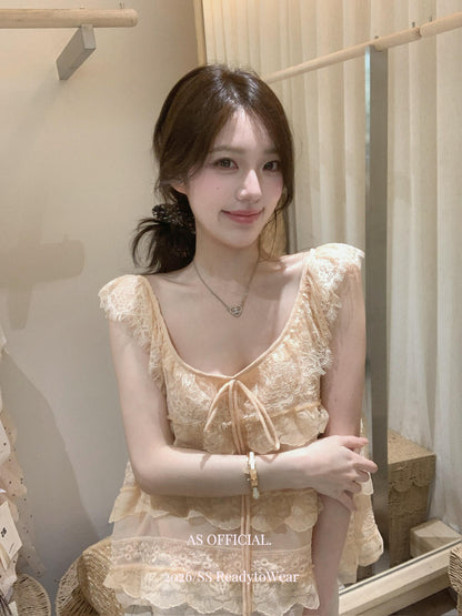 【L27010】韓系甜美純慾風🎀重工蕾絲多層荷葉邊綁帶無袖上衣260526