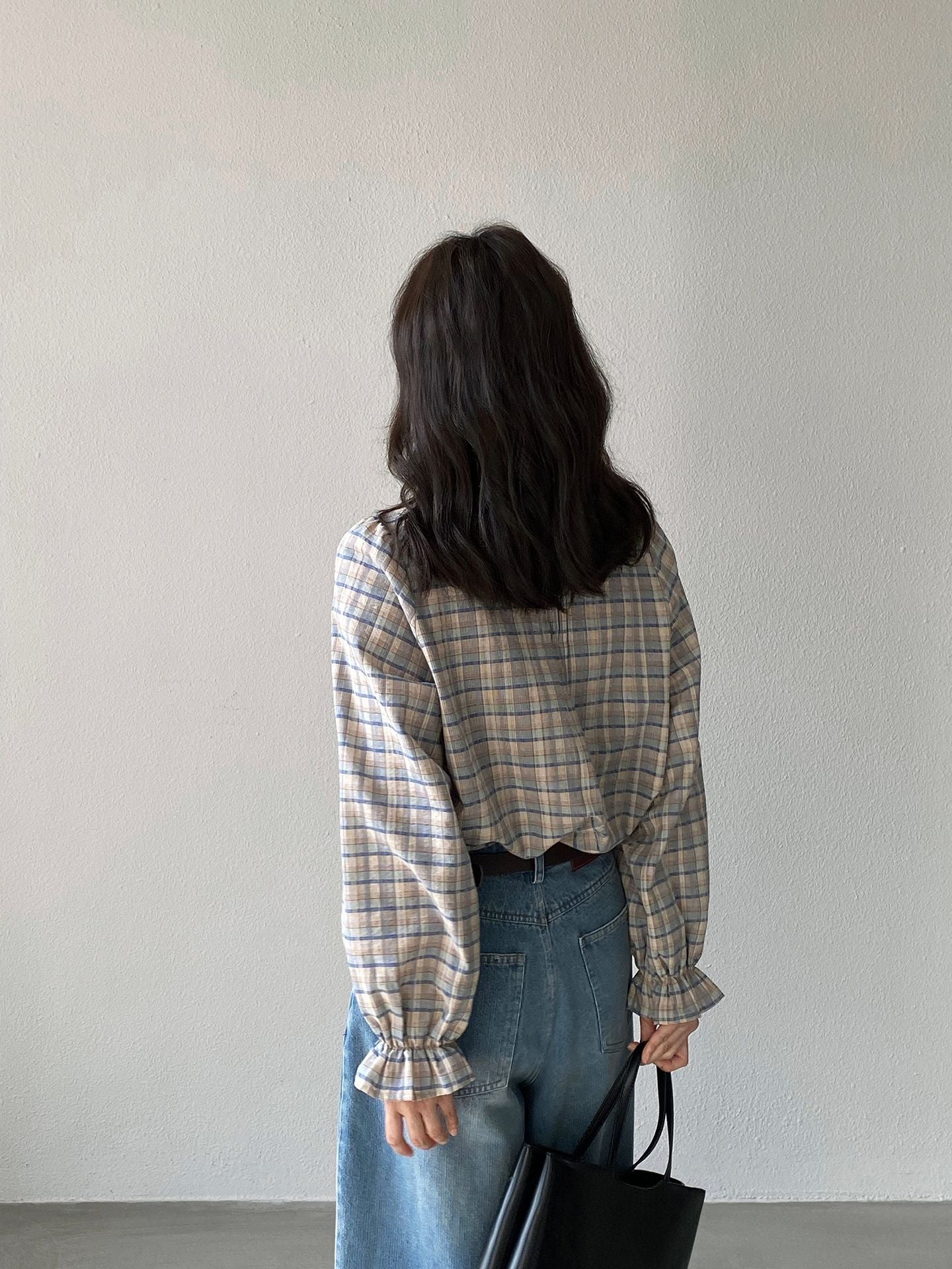 【cimz6509】復古浪漫主義🌹精緻木耳邊格紋長袖襯衫260319