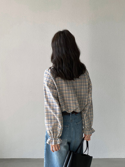 【cimz6509】復古浪漫主義🌹精緻木耳邊格紋長袖襯衫260319