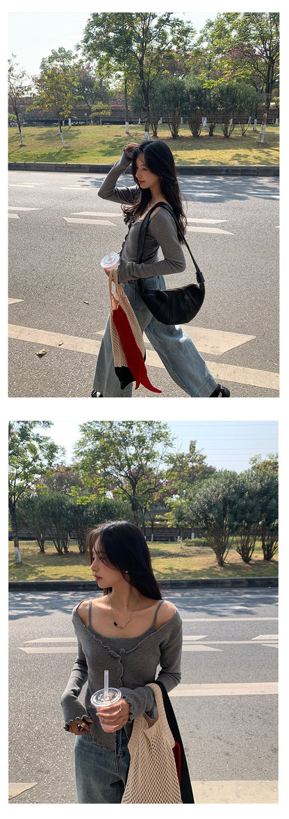 【H5005】實拍春天溫柔荷葉假兩件針織衫250210