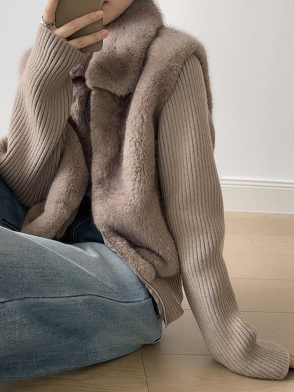 【YH8309】實拍高質感時髦仿皮草拼接針織假2件毛毛外套251113