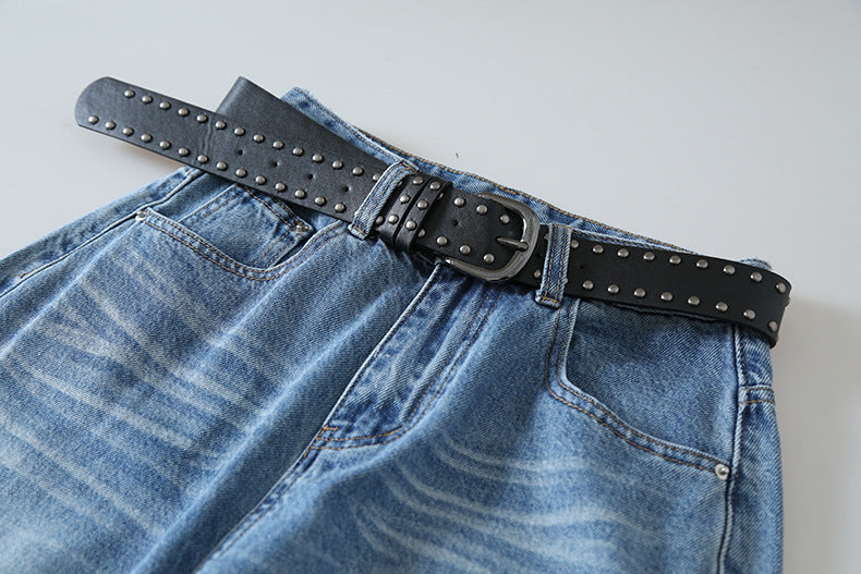 【LD11179】實拍S~XL美式復古時髦✨水洗藍刷破貓鬚寬鬆九分牛仔寬褲260317