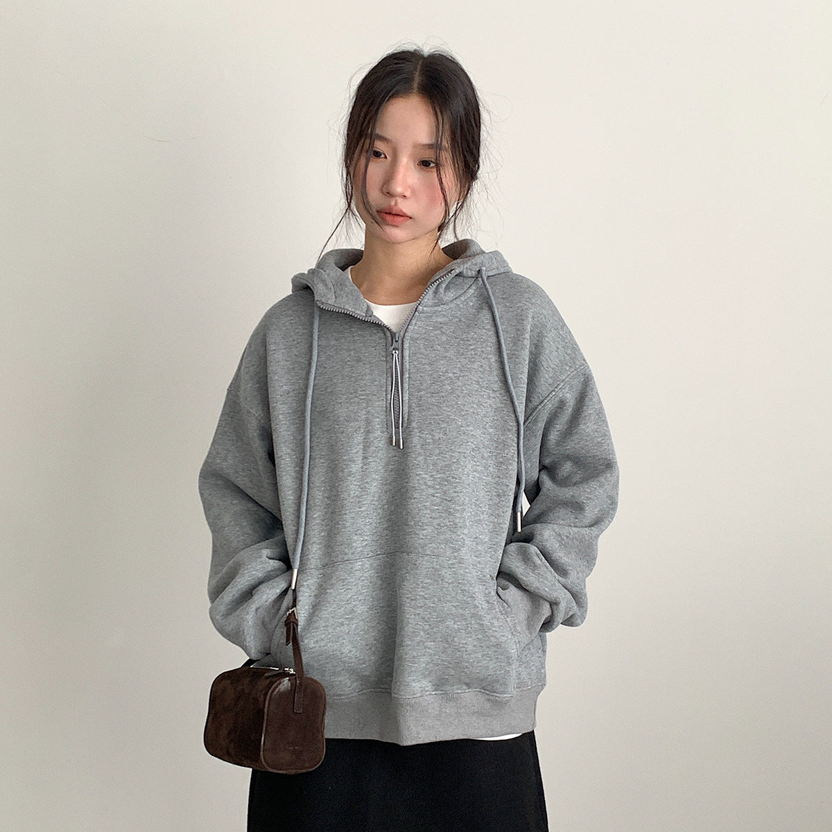 【LD11064】實拍慵懶灰色加絨加厚連帽寬鬆衞衣251209