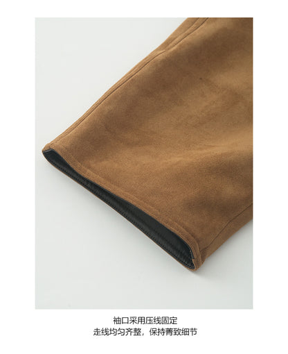 【H569】實拍復古個性皮革拼麂皮絨大衣外套＋麂皮肩背包251021