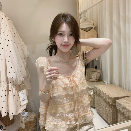 【L27010】韓系甜美純慾風🎀重工蕾絲多層荷葉邊綁帶無袖上衣260526