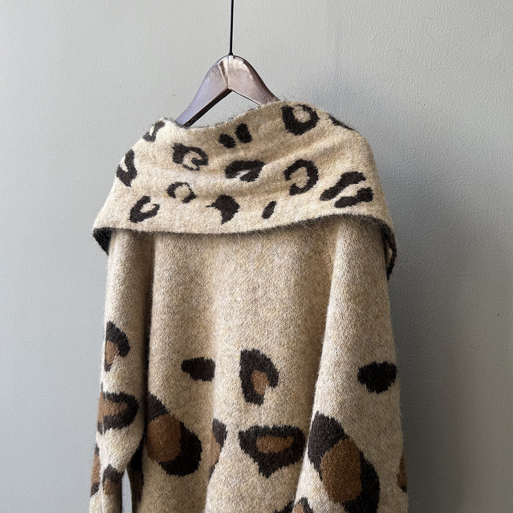 【YP2598】 實拍秋冬慵懶豹紋開衫毛衣+圍巾（含羊毛3%)251023