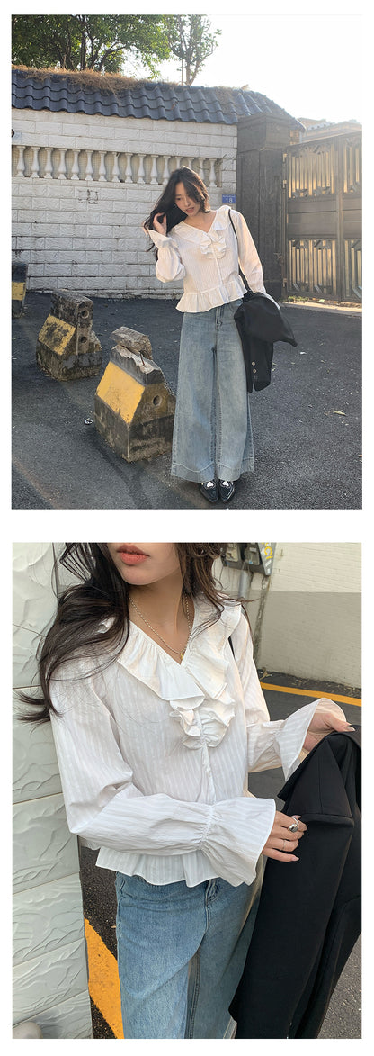 【H5009】實拍早春韓系荷葉V領泡泡袖襯衫250210