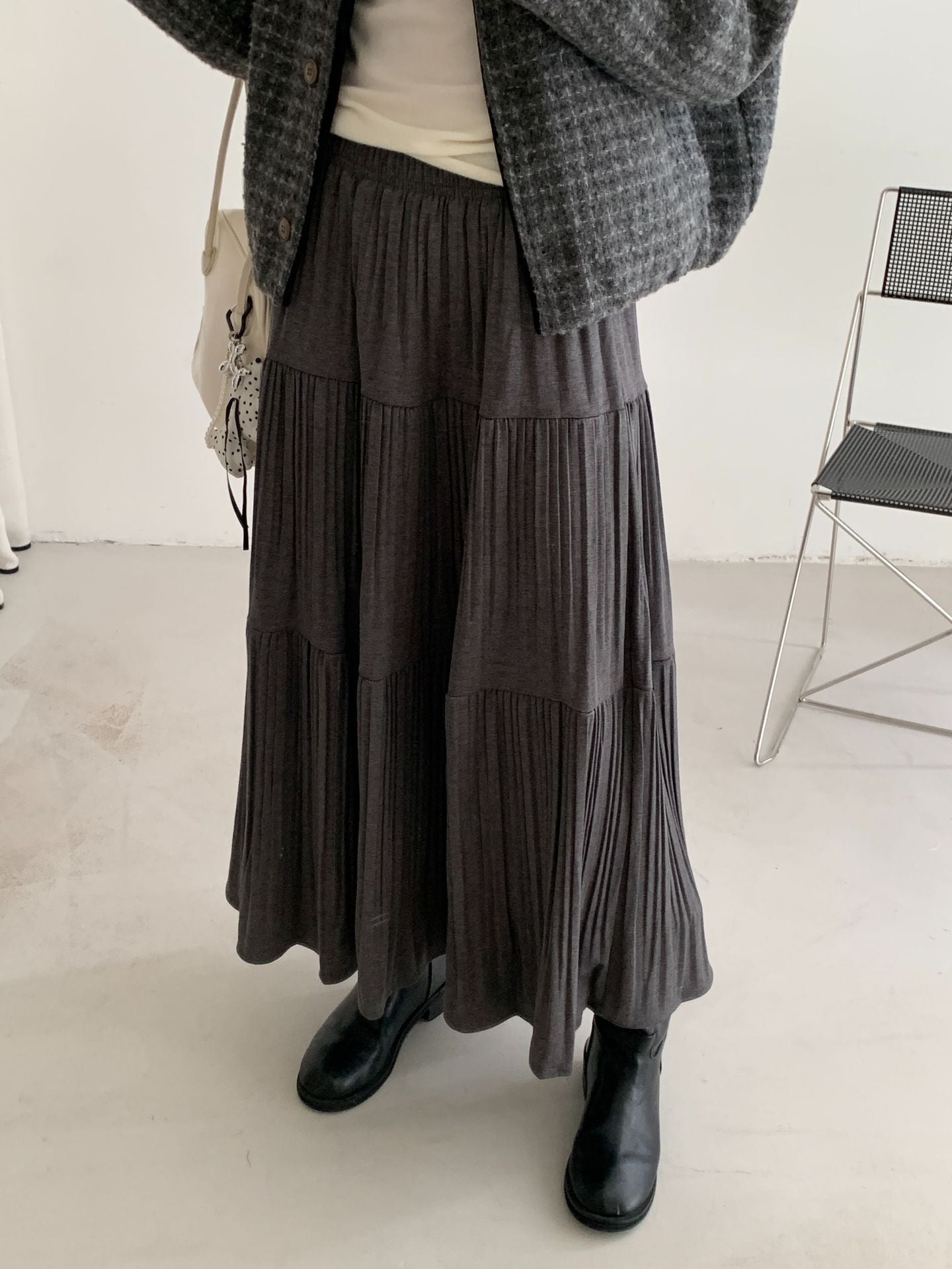 【H5476】實拍秋冬質感簡約細摺鬆緊腰a字傘裙251109