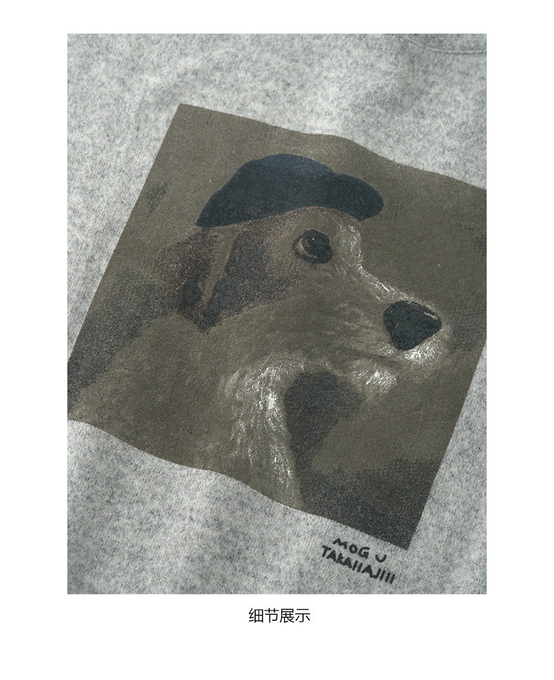 【H5499】實拍 復古磨毛狗狗印花長袖T恤251118