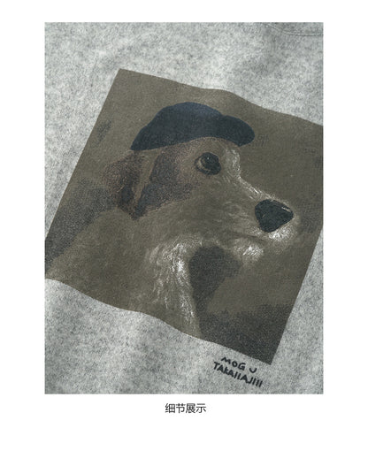 【H5499】實拍 復古磨毛狗狗印花長袖T恤251118