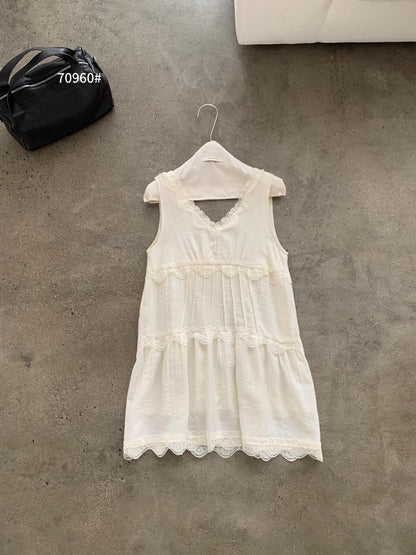 【LR70960】實拍imiss修身顯瘦！氣質蕾絲花邊V領棉麻洋裝260305