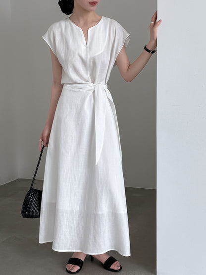 【cimu89053】法式高級氣場🤍天絲亞麻不規則綁帶收腰V領長洋裝260716