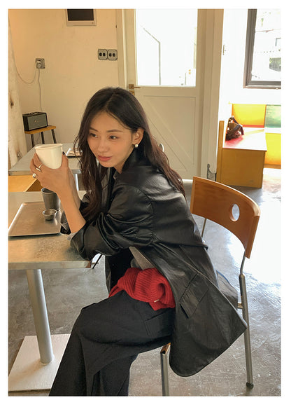 【H5398】實拍韓系高級感黑色皮衣西裝外套250902