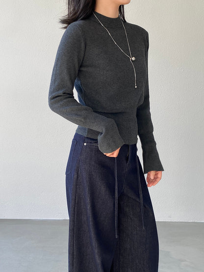 【cimz3012】實拍韓系氣質半高領喇叭袖收腰針織衫251201