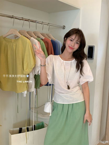 【LTM1057】實拍檸檬夏法式褶皺棉麻後背綁帶襯衫250519