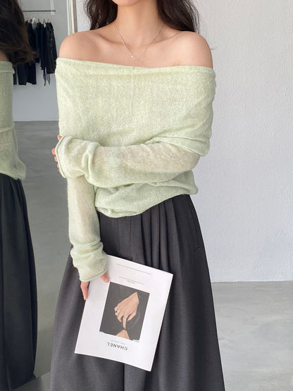 【cimzF632】微性感慵懶風💜羊毛10%一字肩顯瘦露肩長袖針織衫260319