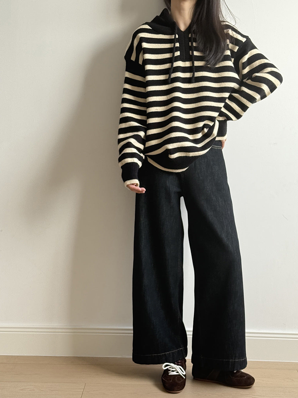 【Y899】實拍冬季條紋針織連帽毛衣251106