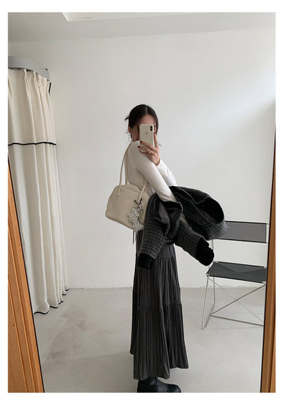 【H5476】實拍秋冬質感簡約細摺鬆緊腰a字傘裙251109