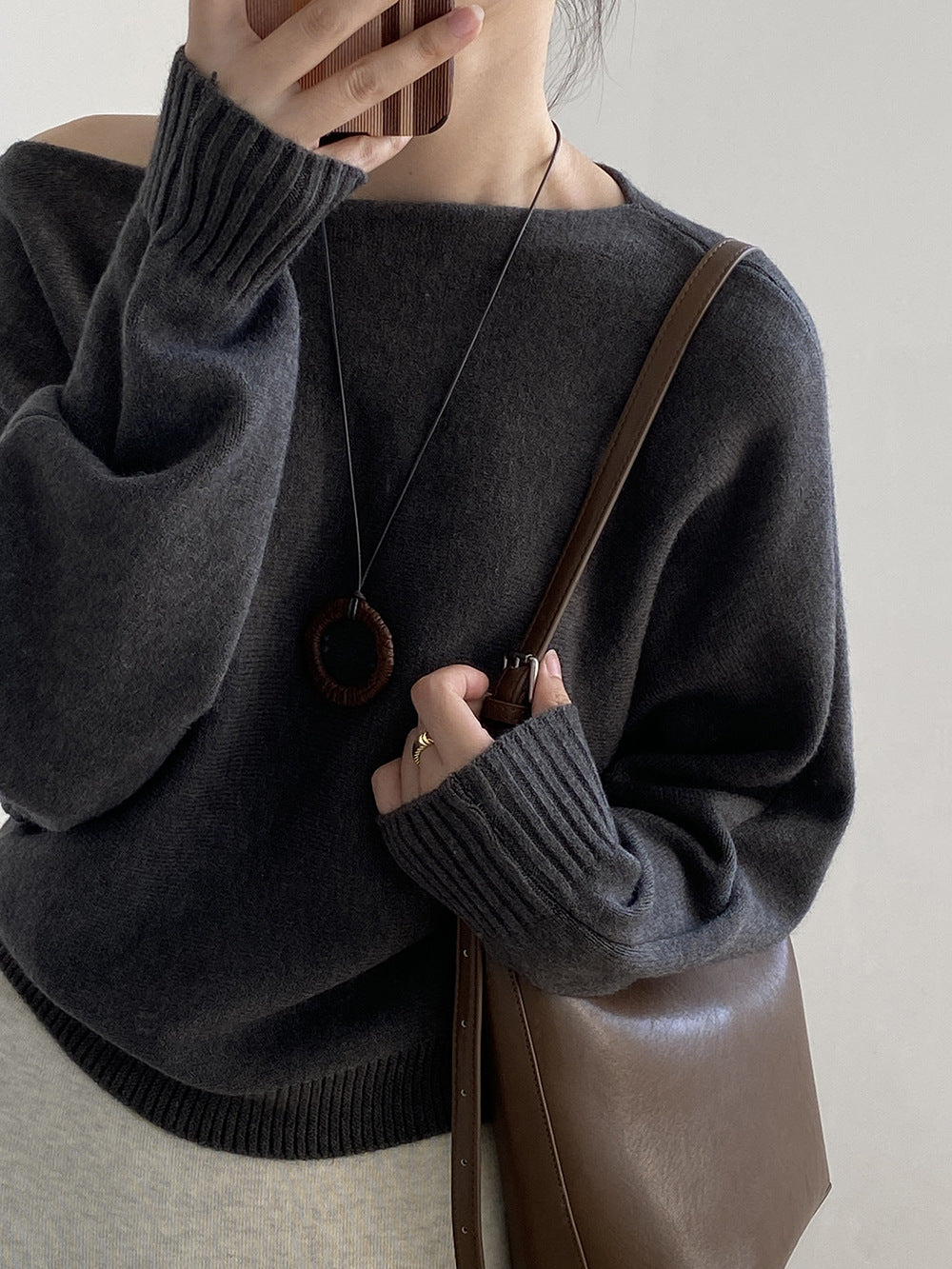 【YP2081】 實拍一字領斜肩慵懶針織毛衣251023