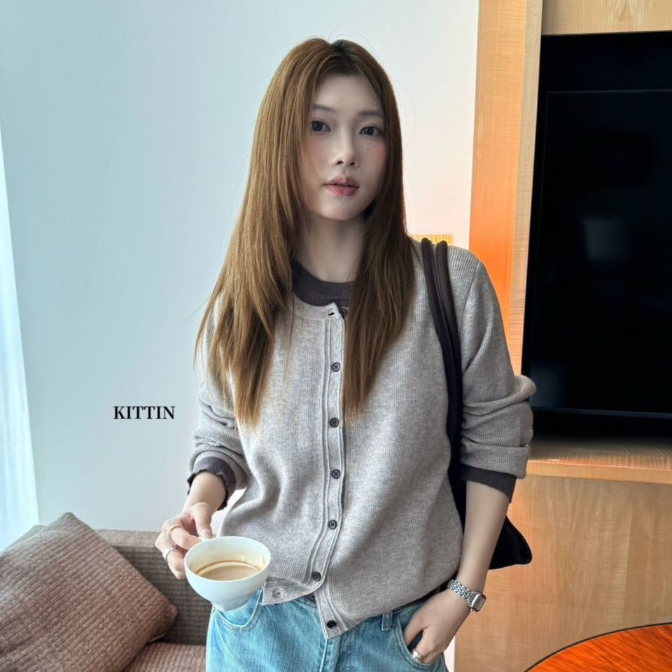 【L1175】KITTIN秋季復古設計感・撞色假兩件單排釦針織小外套260921