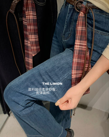 【L2625】實拍S~L檸檬家復古顯瘦高彈高腰喇叭牛仔褲＋腰帶250901
