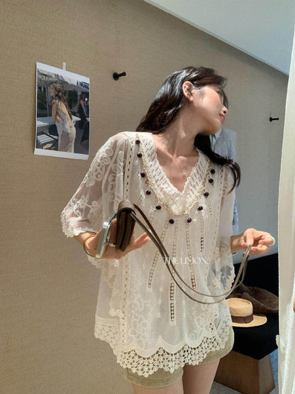 【L10685】仙氣氛圍感拉滿🕊️重工蕾絲刺繡寬鬆顯瘦防曬罩衫260518