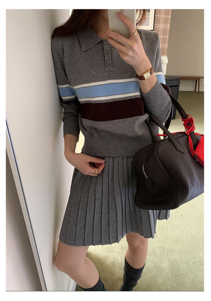 【H5518】實拍復古中性條紋針織衫＋針織百褶裙251125