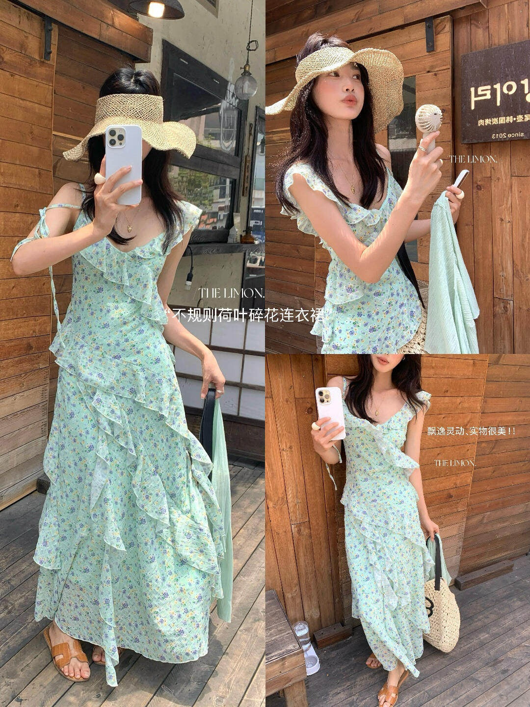 【L10702】法式溫柔仙女🌸氣質碎花收腰顯瘦不規則荷葉連身洋裝260610