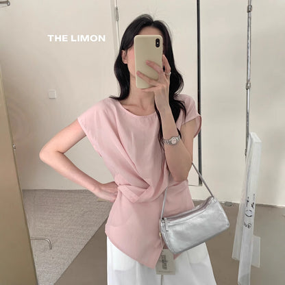 【L8689】實拍檸檬夏季簡約交叉後繫帶襯衫上衣250421