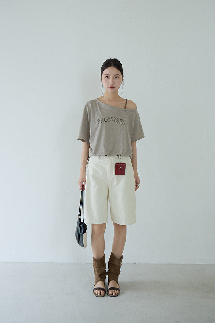 【LD11301】韓系休閒OOTD☕米杏色高腰牛仔棉五分褲+時髦腰帶鑰匙包配件260519