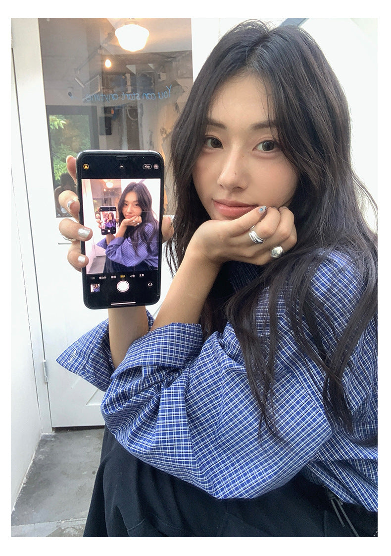 【H5401】實拍後背開叉藍色格子長袖襯衫250902