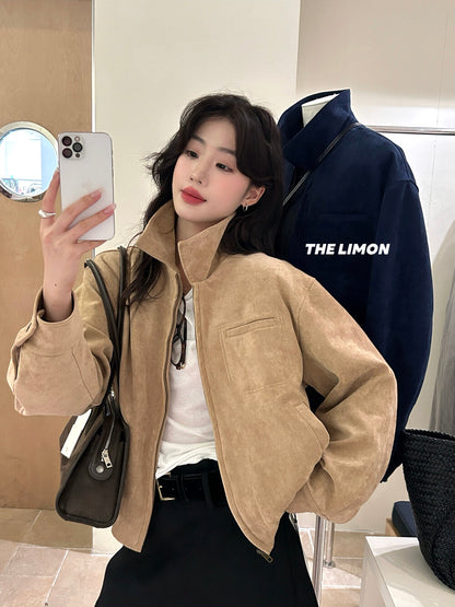 【L9150】實拍檸檬復古寬鬆羊津絨工裝長袖短外套251117