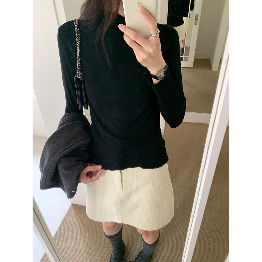 【H568】實拍基礎款木耳邊半高領純色打底衫251021