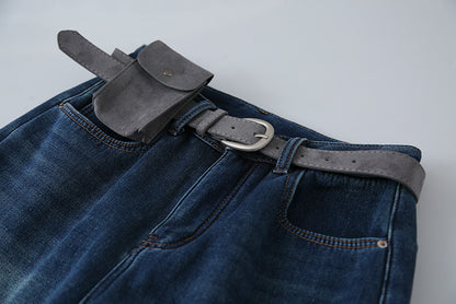 【LD11049】實拍S~XL美式加絨加厚高腰牛仔褲＋皮帶腰包251202