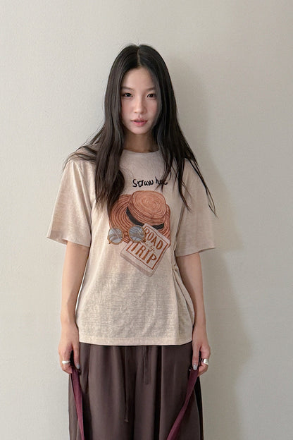 【LD11375】美式復古休閒風😎帽子印花寬鬆短袖天絲T恤+圍脖兩件套260707