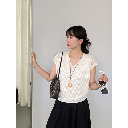 【cimz8002】韓系溫柔仙女系☁️百搭減齡V領鏤空修身短袖針織衫260709