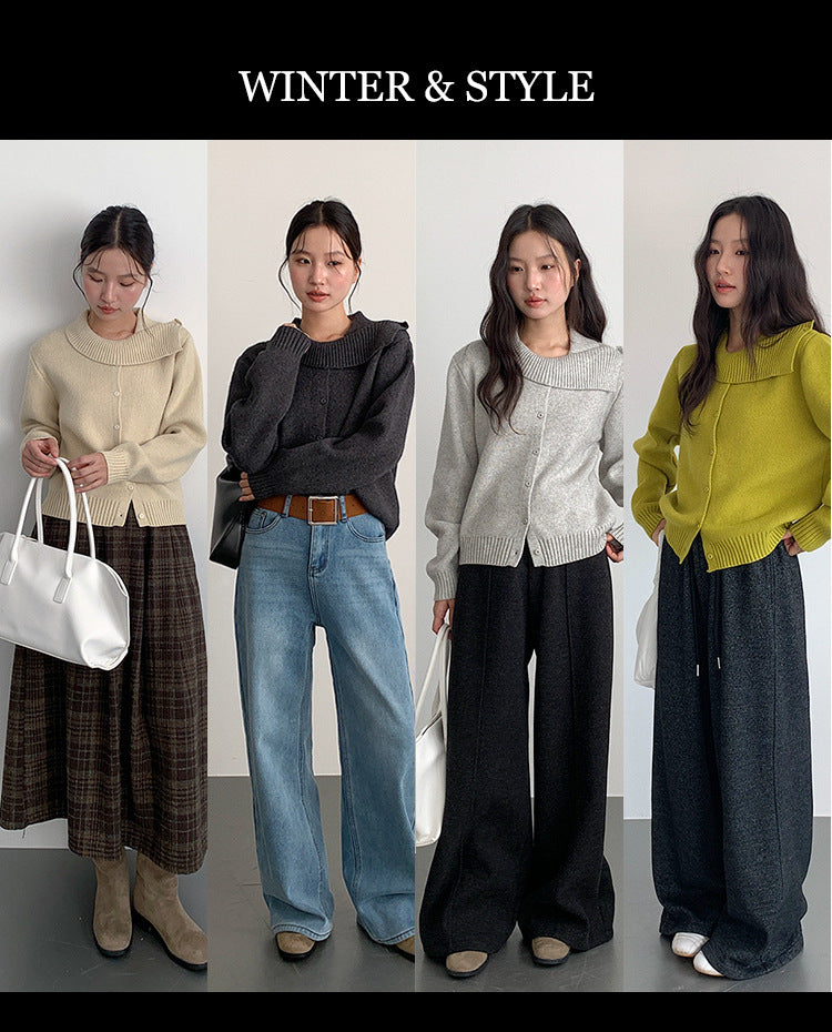 【LD11002】實拍秋冬法式設計感斜領針織毛衣外套251110