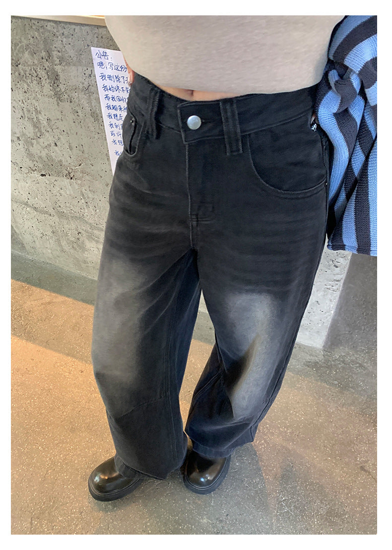 【H5402】實拍復古做舊洗水黑灰色廓形牛仔褲250902