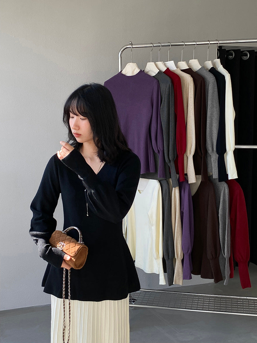 【cimz6652】實拍氣質半高領/V領燈籠袖極簡氣質針織衫251128