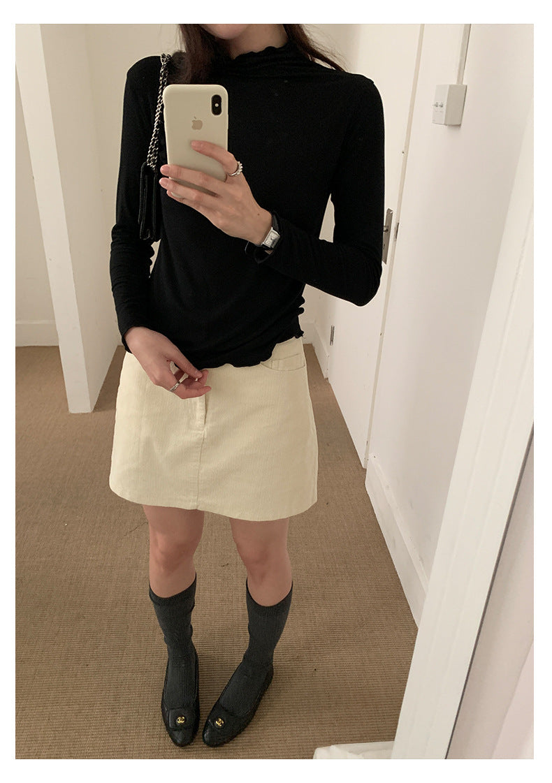 【H568】實拍基礎款木耳邊半高領純色打底衫251021