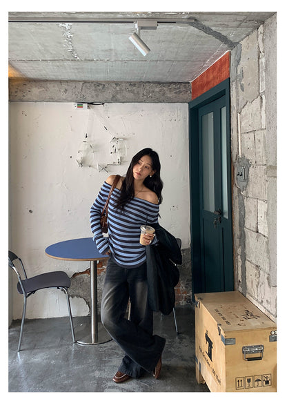 【H5399】實拍韓系簡約氣質一字領露肩針織衫250902