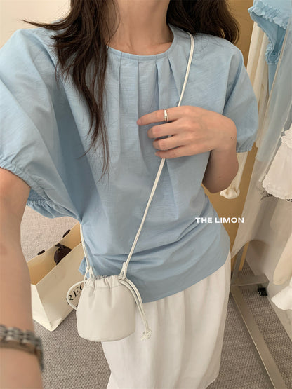【LTM1057】實拍檸檬夏法式褶皺棉麻後背綁帶襯衫250519
