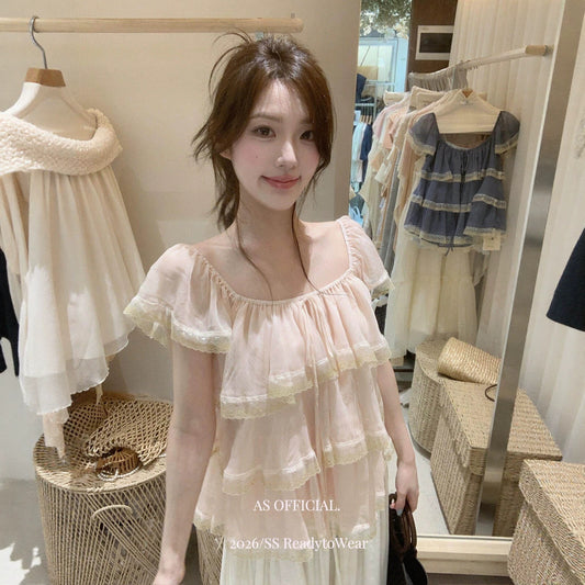 【L28239】法式甜美初戀感🌸氛圍感蕾絲拼接荷葉邊綁帶短袖上衣260526