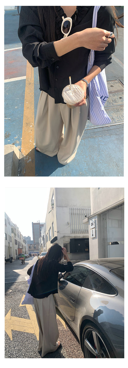【H5021】實拍法式小清新荷葉V領長袖襯衫250210