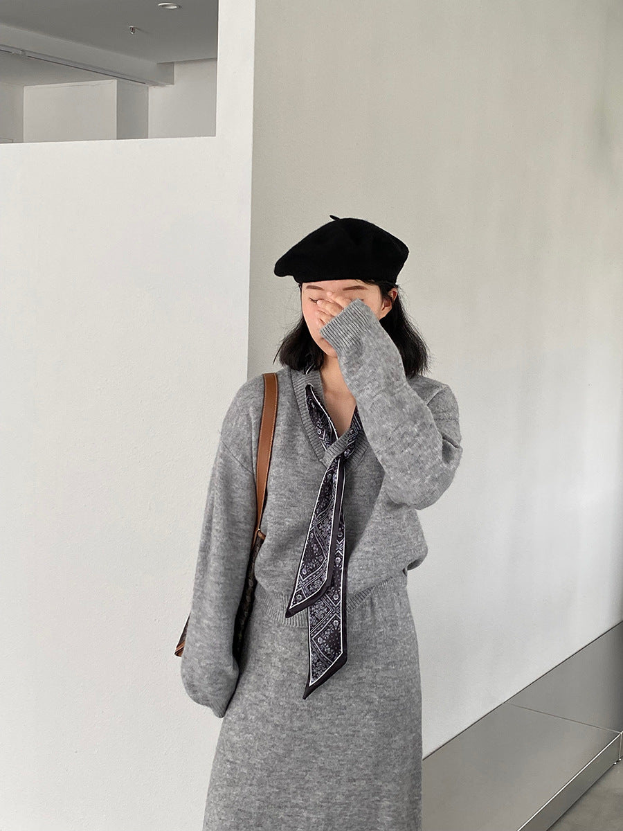 【cim823】實拍韓系軟糯短版針織毛衣+絲巾+針織長裙251030