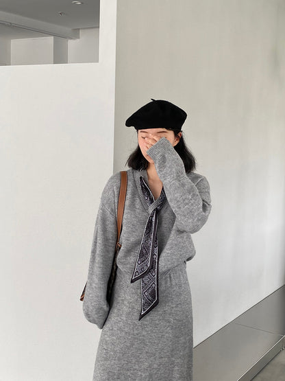 【cim823】實拍韓系軟糯短版針織毛衣+絲巾+針織長裙251030