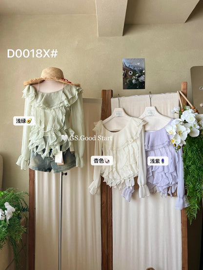 【LD0018X】法式溫柔浪漫🌹設計感荷葉邊露肩長袖薄上衣260323